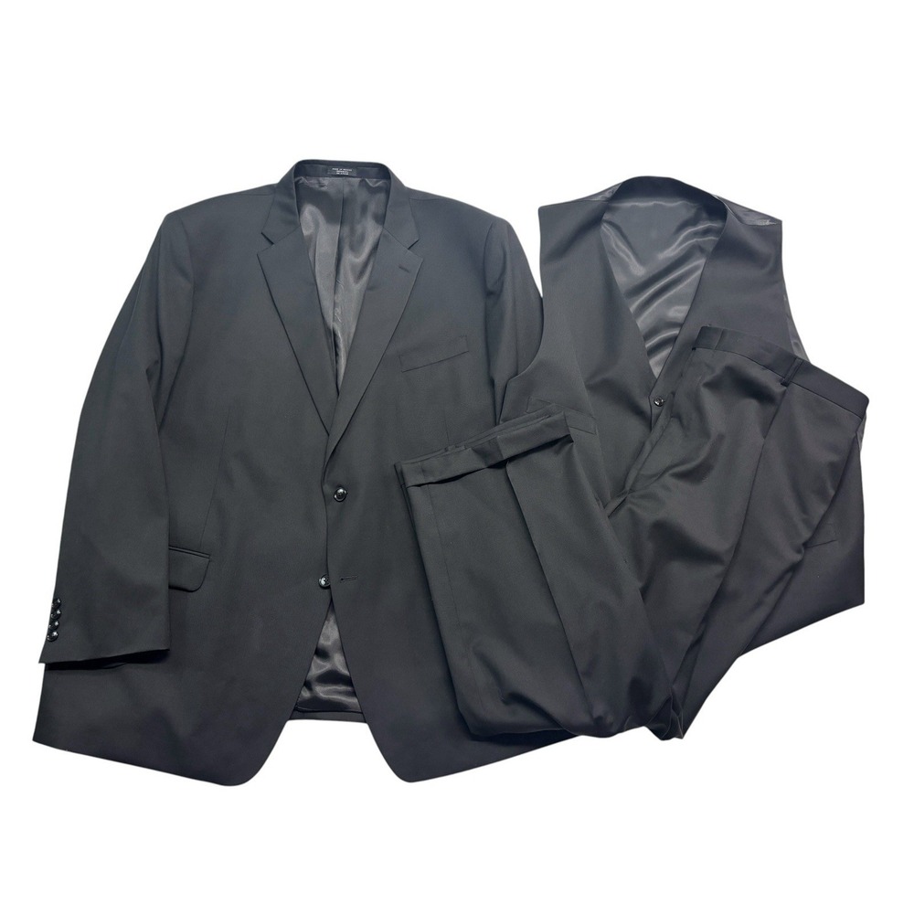 Jones New York 56L 48x32 Black 3pc Pant Suit 100% Wool Vest Pleated‎ Cuffed